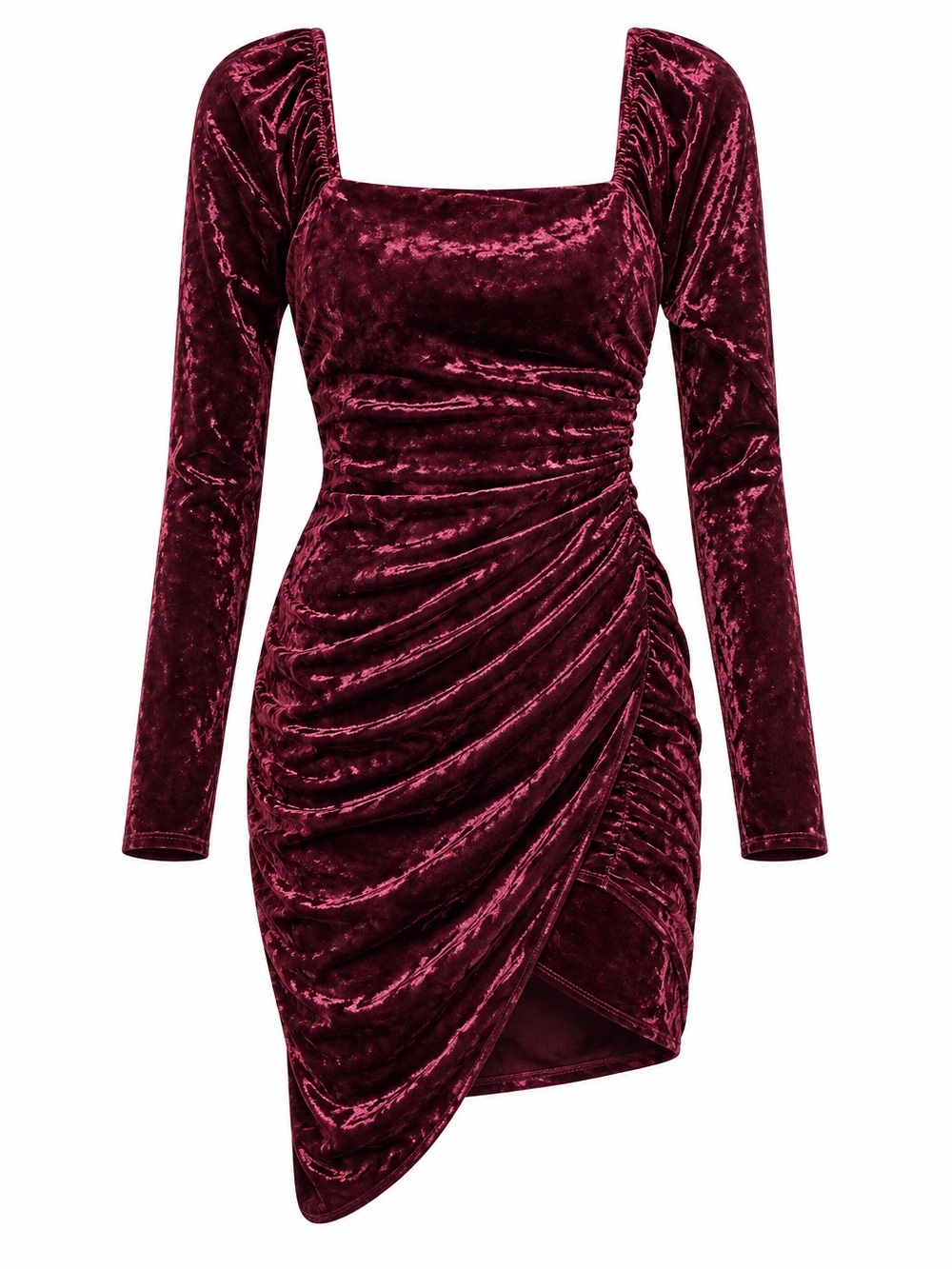 BCBGeneration Burgundy Crushed Velvet Ruched Asymmetrical Midi Dress Size 2